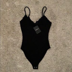 Brand New Ribbed Lace-Trim Cami Bodysuit (Black)